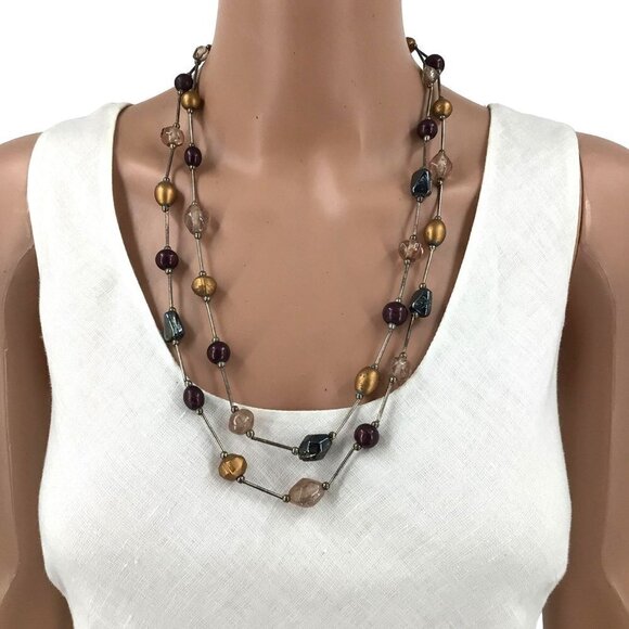 Vintage Double Strand Necklace Mixed Beads Silver Green Gold Purple Adjustable L - Picture 3 of 4